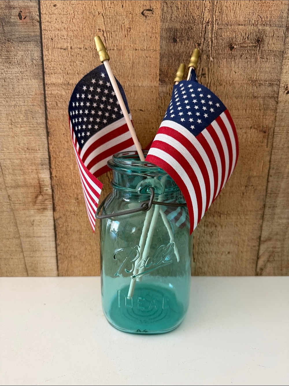 Ball Ideal Aqua Glass Bicentennial Mason Jar with Wire Bail No Lid Patriotic